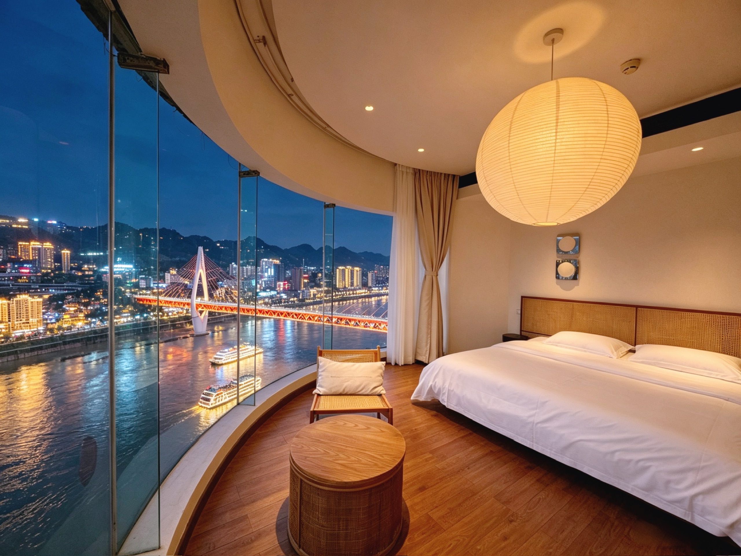 A warm river-view bedroom overlooking the Yangtze River at night