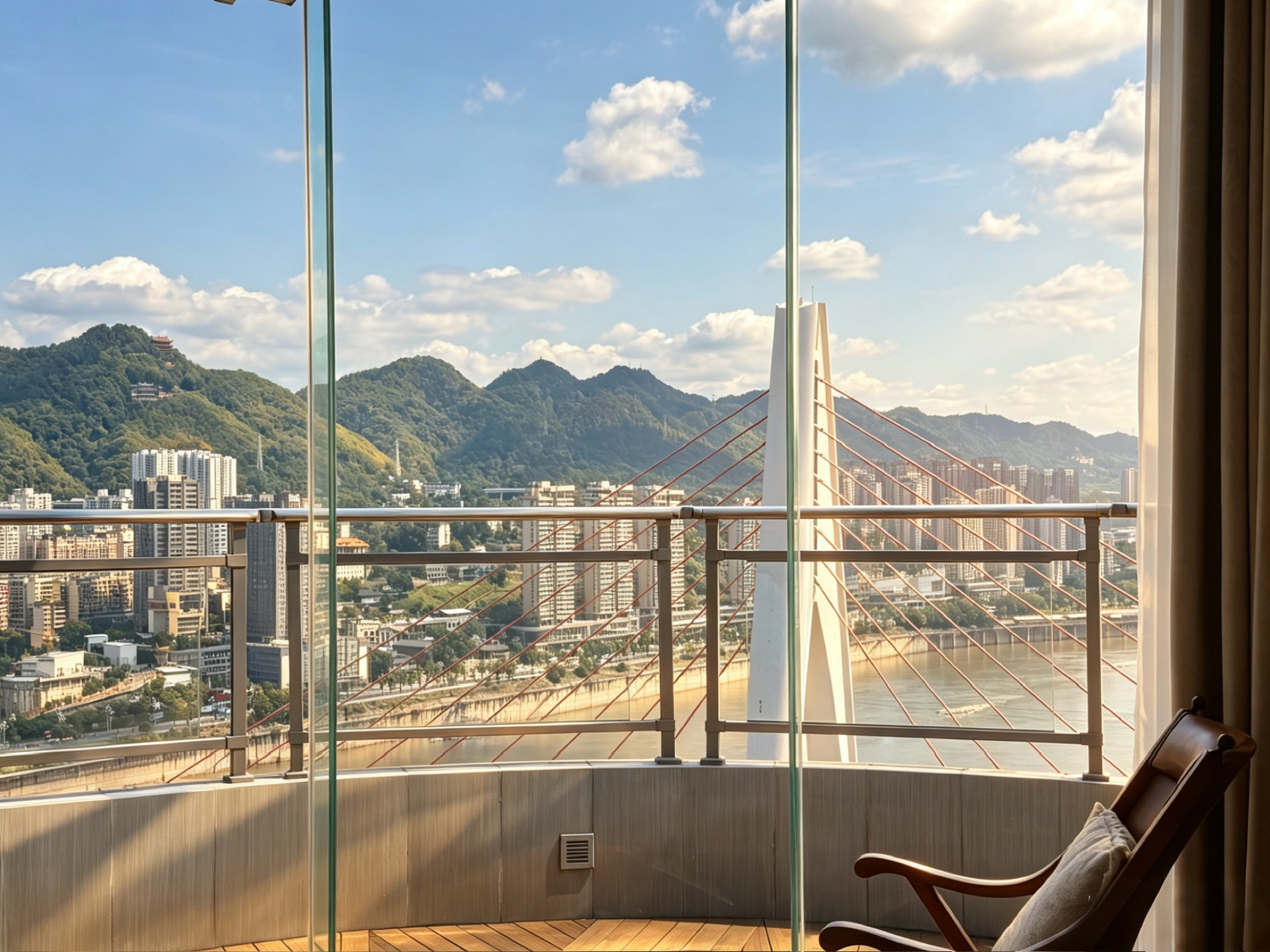 The Yangtze River, Dongshuimen Bridge and Nanshan seen from a guest room